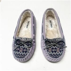 Minnetonka Women’s Cali Suede Moccasins Lilac Aztec Fair Isle Print 7M Faux Fur